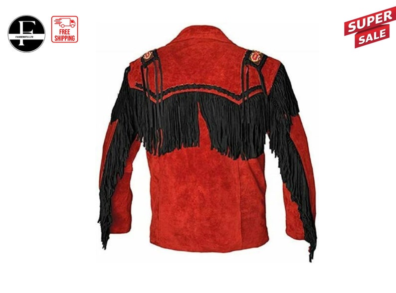 May include: Red suede jacket with black fringe detailing. The jacket has a stand-up collar and a zipper closure.