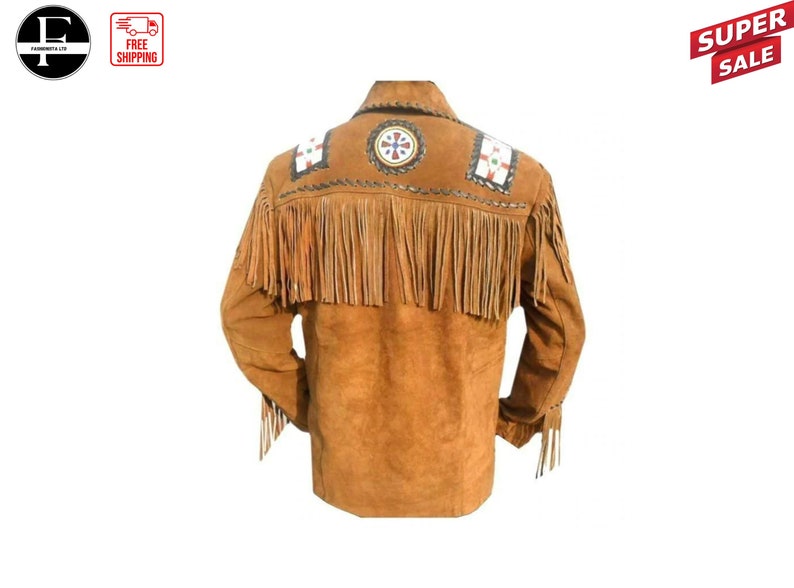 May include: A brown suede jacket with fringe detailing and Native American inspired embroidery. The jacket has a button-up front and long sleeves.