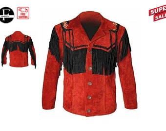 May include: Red suede jacket with black fringe trim and decorative stitching. The jacket has a button closure and long sleeves.