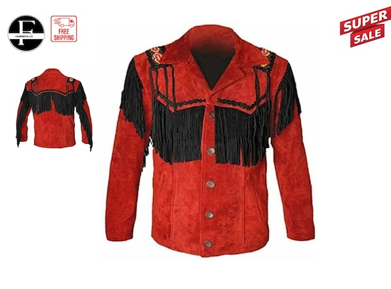 Men's Red Suede Leather Jacket Black Fringe & Beaded l Western Cowboy jacket l Gift for him