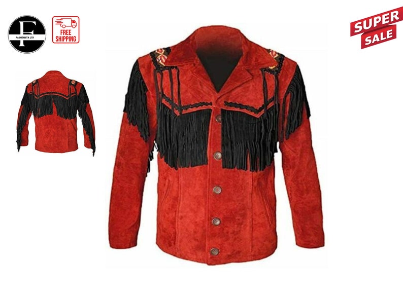 May include: Red suede jacket with black fringe trim and decorative stitching. The jacket has a button closure and long sleeves.