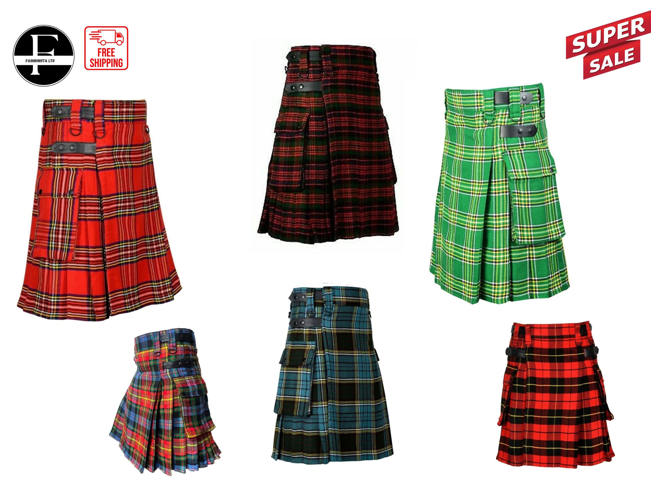 Colorful House Men’s Utility Kilt – Scottish Traditional Tartan Kilt With Leather Straps, Snap Closure