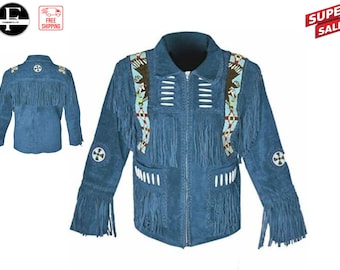May include: A blue suede jacket with fringe detailing and Native American inspired beadwork. The jacket has a zipper closure and two pockets.