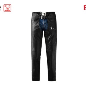 Black Leather Men's Leather chaps | Cafe Racer leather chaps image 3