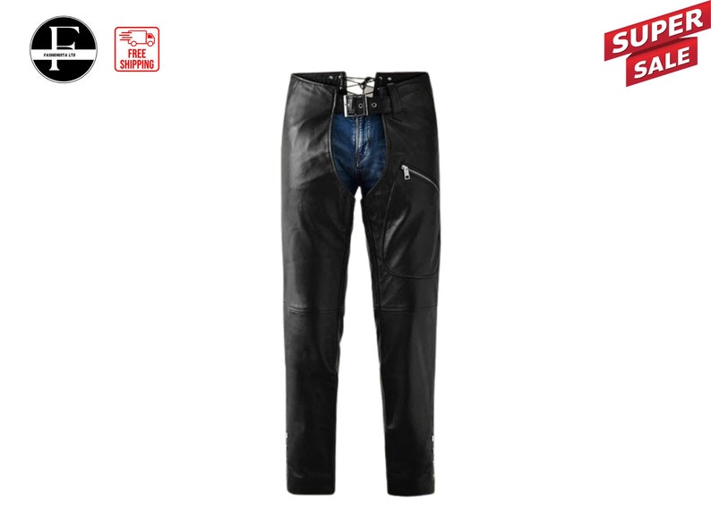Black Leather Men's Leather chaps | Cafe Racer leather chaps image 3