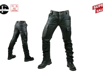 Men's Black Leather Motorbike Pants Biker Jeans Cargo 6 Pocket Trouser BLUF | Real Leather Biker pant