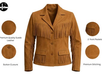 May include: A tan suede jacket with fringe detailing on the chest, sleeves, and pockets. The jacket has a button closure, two front pockets, and premium stitching. The jacket is made of premium quality suede leather.