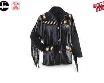 May include: Black suede jacket with fringe detailing and a button closure. The jacket has a beaded design and a decorative bullet belt.