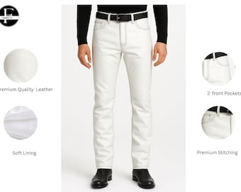 Men's White Leather Pants with Black Stitching – Slim Fit Genuine Leather Trousers