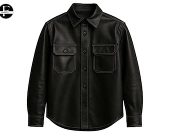 Men's Black Leather Shirt – Genuine Leather Button-Up Shirt – Handmade Western Biker Style Slim Fit Leather shirt jacket