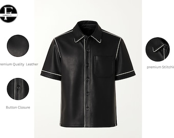 Men's Black Leather T-Shirt with Contrast Piping – Edgy Biker Style Top - Best gift for him
