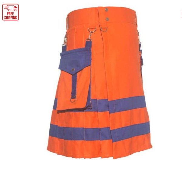 Traditional Mens Stylish Orange with Navy Blue Stripes-Firefighter utility Kilt | Scottish Fireman Kilt