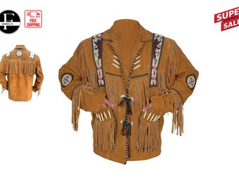 Men's western Fringe style Bone beads western coat | Best Suede leather handmade cowboy jacket