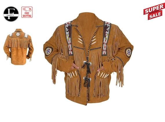 Men's western Fringe style Bone beads western coat | Best Suede leather handmade cowboy jacket
