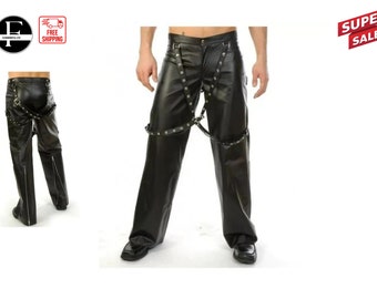 Men's Gothic Black Leather Biker Suspender Buckle Bondage Pants