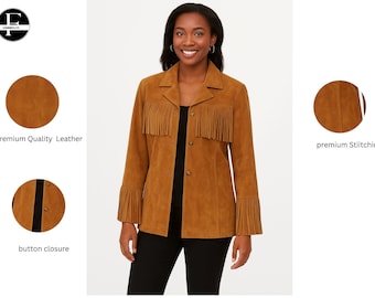 May include: A tan suede jacket with fringe detailing on the chest and sleeves. The jacket has a button closure and a classic collar. The image also highlights premium quality leather and stitching.