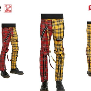 Gothic Bondage Red Plaid Men Pant Alternative Punk Rebel Rock Emo Trouser  Pant