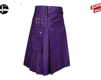 Könnte beinhalten: Ein lilafarbener Utility-Kilt mit einer großen Cargo-Tasche auf der Vorderseite. Der Kilt hat einen Schnallenverschluss und ist plissiert.