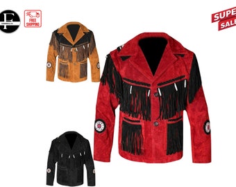 Men’s Fringe Vintage Style Cowboy Leather Stud Beaded Western Jacket | Best American Native western coat