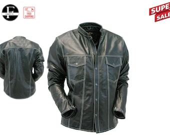 Camisa informal de cuero auténtico negra para hombre / El mejor regalo para hombres