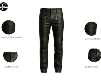 Men's Black Leather Biker Pants with Front Zipper – Edgy Motorcycle Trousers - Best Gift for him