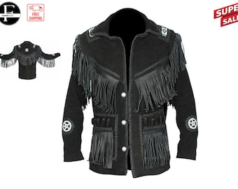 Men's Suede Western Cowboy Leather Jacket With Fringe & Bead Work | Best Western jacket men