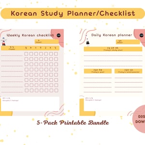 Korean study planner Korean language study checklist Daily Korean planner Weekly Korean checklist Downloadable Korean study planner template