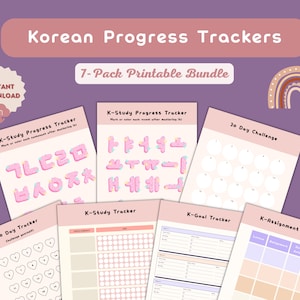 May include: A printable bundle of seven Korean language progress trackers. The trackers feature a pink and white color scheme with cute illustrations. The trackers include a 30-day challenge, a K-study progress tracker, a K-study tracker, a K-goal tracker, and a K-assignment tracker.