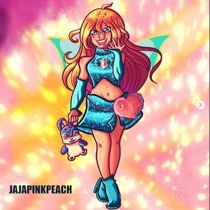 May include: Digital illustration of a smiling fairy with long orange hair, wearing a teal outfit with a heart-shaped accessory. She holds a blue stuffed animal. The background is a mix of pink and yellow with a text that says JAJAPINKPEACH.