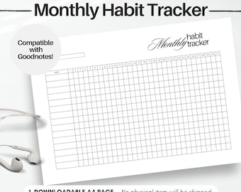 Monthly Habit Tracker Printable Landscape, Habit Tracker Template, Routine Tracker, Self Care, 30 Day Habit Challenge, A4, Instant Download