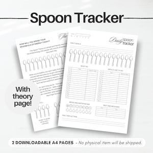 Puede incluir: Un rastreador de cucharas imprimible para administrar los niveles de energía. El imprimible presenta un diseño en blanco y negro con el texto "Spoon Tracker" en la parte superior. El imprimible incluye una sección para objetivos diarios, una sección para tareas que se deben hacer, una sección para tareas que te gustaría hacer, una sección para el estado de ánimo y la ingesta de agua, una sección para el descanso y la recuperación, y una sección para la reflexión diaria. El imprimible también incluye una sección para rastrear las cucharas utilizadas para diferentes actividades.