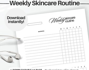 May include: A white printable weekly skincare routine planner with the text "Weekly Skincare Routine" in black. The planner includes a section for morning routines and a grid for tracking daily activities. The words "Download instantly!" are also visible.