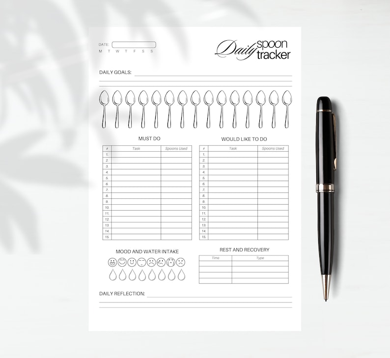 May include: A black and white printable daily spoon tracker with sections for daily goals, must do tasks, would like to do tasks, mood and water intake, rest and recovery, and daily reflection. The tracker uses a spoon system to track energy levels.