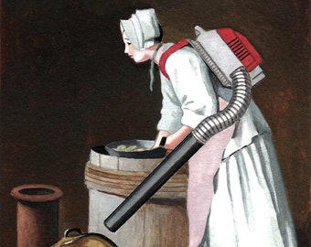 Maid With Leaf Blower (Art Print)