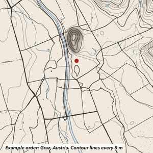 May include: A topographic map print featuring black contour lines on a light beige background. A prominent river flows vertically through the centre, with a shaded hill and a single red dot marking a specific location. Text reads: Example order: Graz, Austria. Contour lines every 5 m.