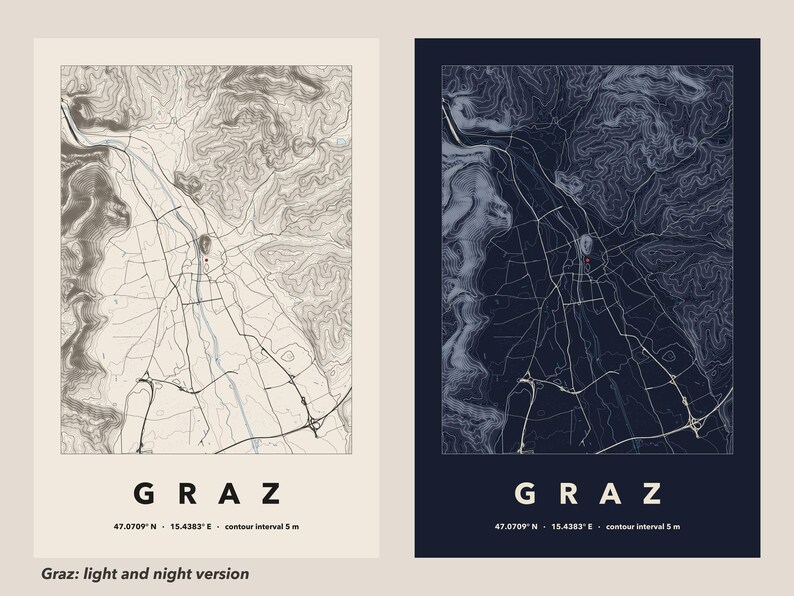 May include: Two topographic map prints of Graz, Austria, displayed side-by-side. One print features a light beige background with dark lines, while the other has a dark navy background with light lines. Both include the text GRAZ, 47.0709 N - 15.4383 E, and contour interval 5 m.