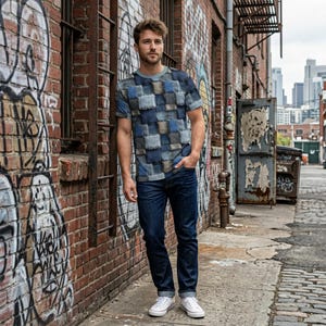 May include: A person wearing a short-sleeved t-shirt with a patchwork design in shades of blue, gray, and white. The person is also wearing dark blue jeans and white sneakers. The background is a brick wall with graffiti.