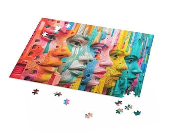 Op de afbeelding: Een kleurrijke puzzel met een close-up van vijf gezichten, elk met een uniek ontwerp en kleurenschema. De gezichten zijn in een rij gerangschikt, met het eerste gezicht links en het laatste gezicht rechts. De puzzel bestaat uit veel kleine stukjes, en sommige stukjes ontbreken.