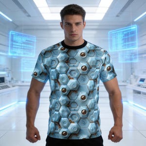 Könnte beinhalten: Ein hellblaues T-Shirt mit schwarzem Kragen und einem sich wiederholenden sechseckigen Muster mit bronzefarbenen Akzenten. Das Design wirkt futuristisch und technologisch. Das Shirt ist kurzärmelig.