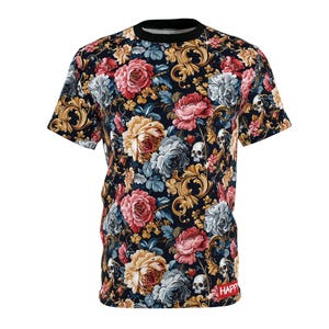 Baroque Floral Skulls Shirt Lush Patterns, Ornate Design, Gothic Style, GothicFlair, UniqueTee, OrnateFashion, SkullPatterns, BaroqueBeauty