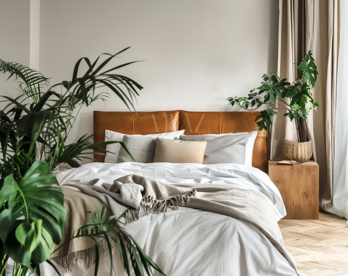 Featured listing image: Tan Vegan Leather Headboard Cover, King Size Headboard, Queen Size Headboard, Wall Hang Cushion Cover, Hanging Leather Headboard