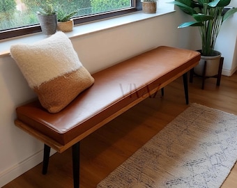 Tan Faux Leather Bench Pad, Mid Century Modern Vegan Leather Cover, Cognac Faux Leather Pillow Sham, Minimalist Tan Window Seat Cushion