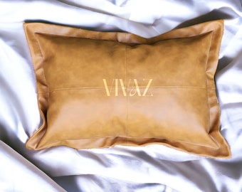 Fodera per cuscino in pelle vegana color cognac, cuscino lombare marrone