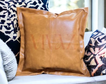 Handmade Vegan Leather Cushion Cover | Tan Brown, Modern Boho Decor