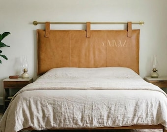 Handmade Faux Leather Headboard Cover, King/Queen Size, Wall Hanging Cushion, TAN, Black, Brown & other colors available.