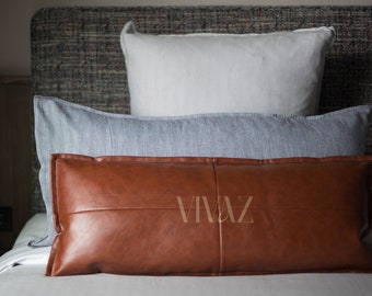Customised Faux Vegan Leather Lumbar Pillow, Long Pillow, Lumbar