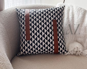 Vegan Leather Lumbar Pillow Cover | Checker Houndstooth Faux Leather Throw Cushion | Decorative Sofa Pillow | Boho Home Decor Gift