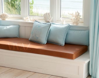 Tan Faux Leather Bench Cushion Cover, Cognac Vegan Leather Pillow, Window Seat Pad, Modern Farmhouse Entryway Decor, Outdoor Bench Cover