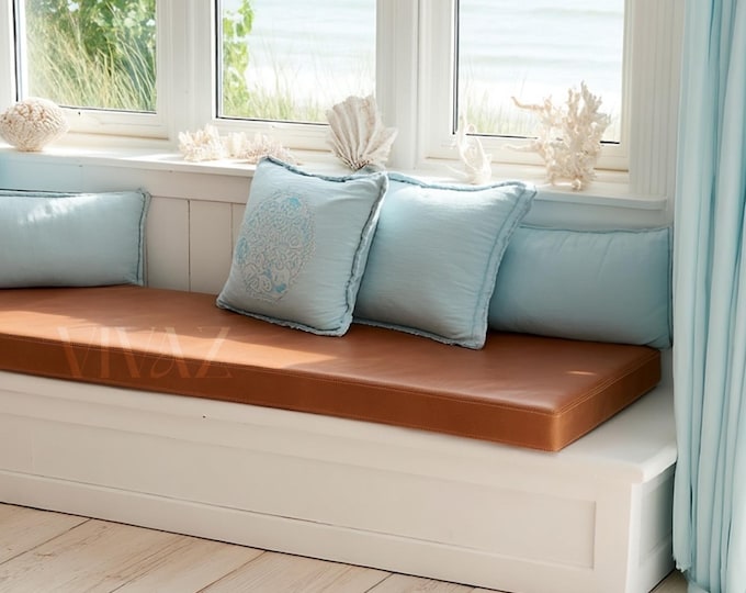 Featured listing image: Modern Vegan Tan Leather Cushion Cover | Custom Size Faux Leather Bench Seat Cover | Mudroom | Window Seat Cover