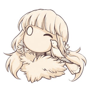 Può includere: Un'illustrazione di un cartone animato di una ragazza con lunghi capelli biondi che indossa un colletto di pelliccia bianco e un piccolo uccello appollaiato sulla sua spalla.